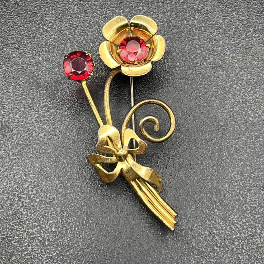 Sterling Vermeil Floral Spray Brooch w/ Red Rhinestones, 1940s